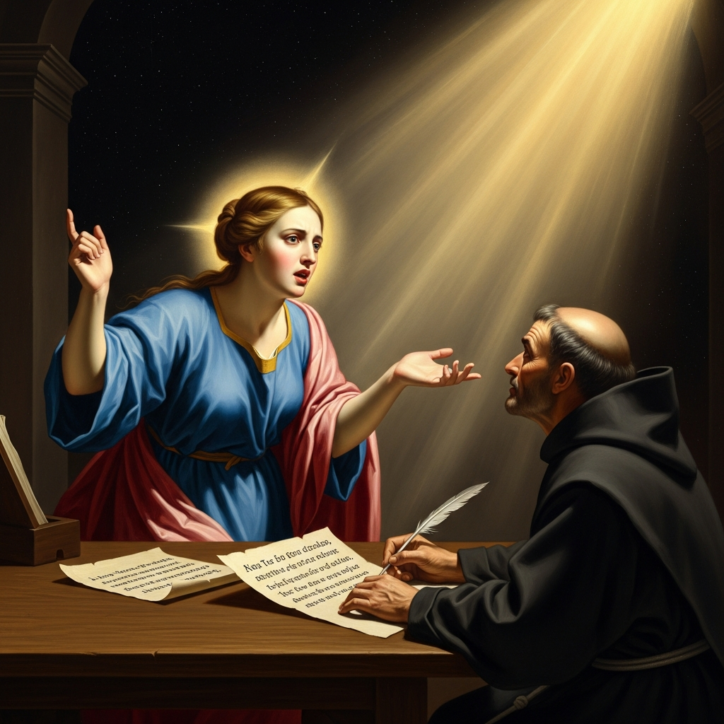 Angela dictates; Fra Arnaldo writes; Angela reads what he has written and says it is not right, that the words have diminished what she experienced.