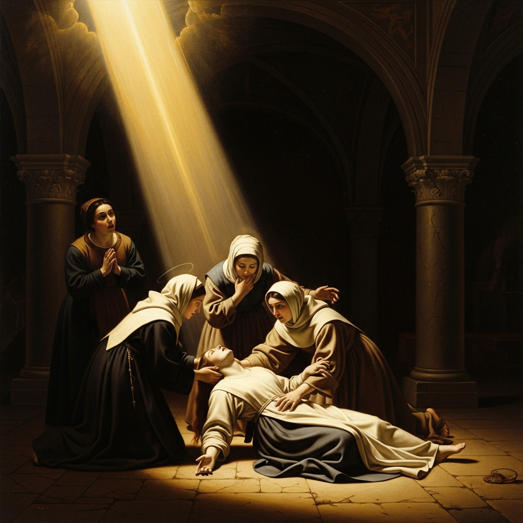 At the Portiuncula chapel, the divine presence arrives so fully that Angela falls and cannot stand — her companions think she is dying.