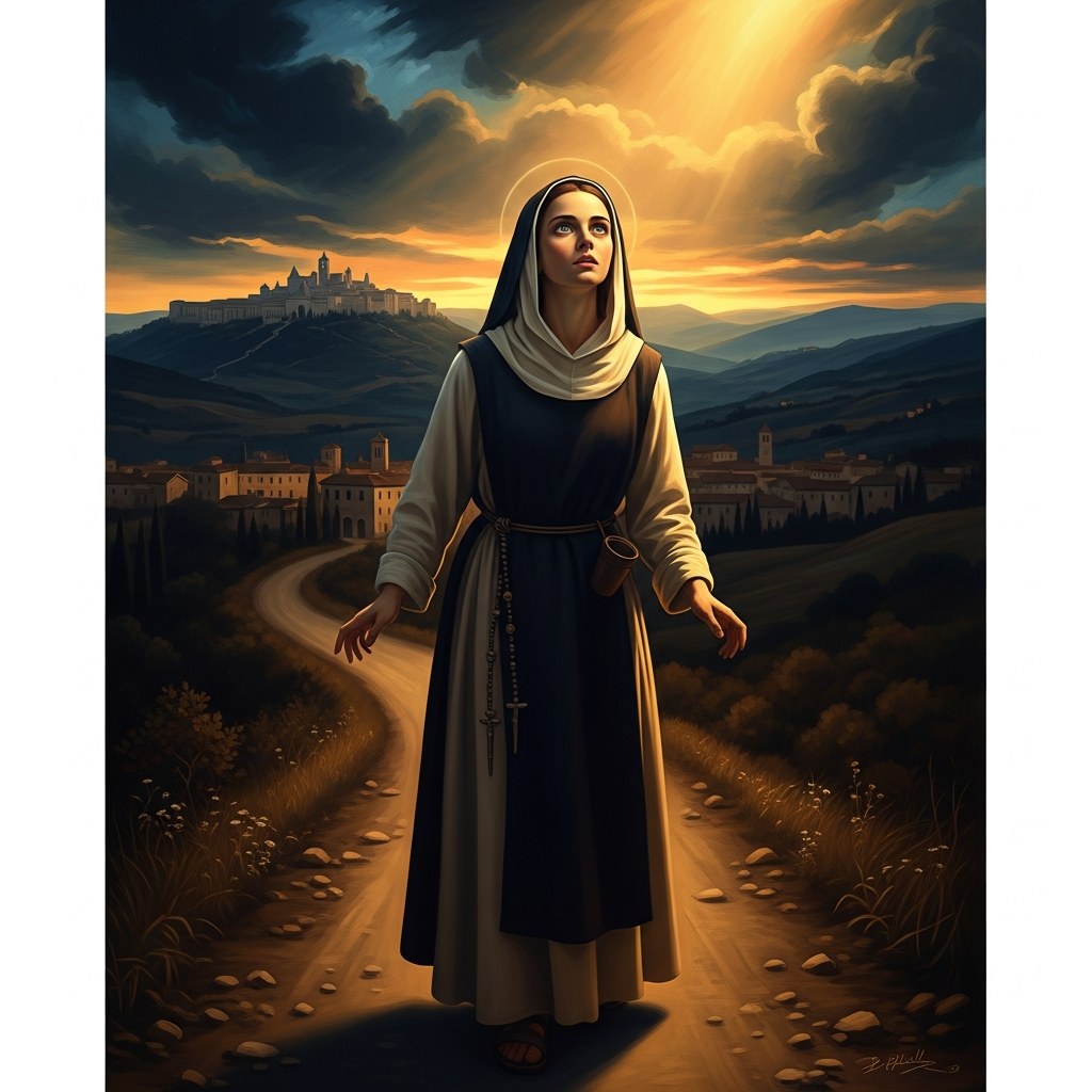 Angela stops in the road between Foligno and Assisi — the voice has begun and she cannot move.