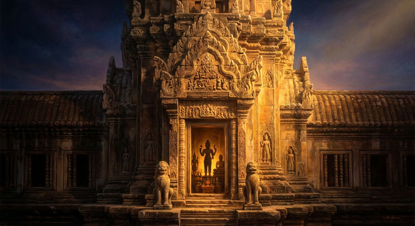 The central tower — sixty-five meters above ground level, the still axis of the temple-mountain. Originally housing a Vishnu image; later, after the Theravada conversion of the 14th century, fitted with seated Buddhas. The two religions sleep in the same sanctuary, and have for seven hundred years.