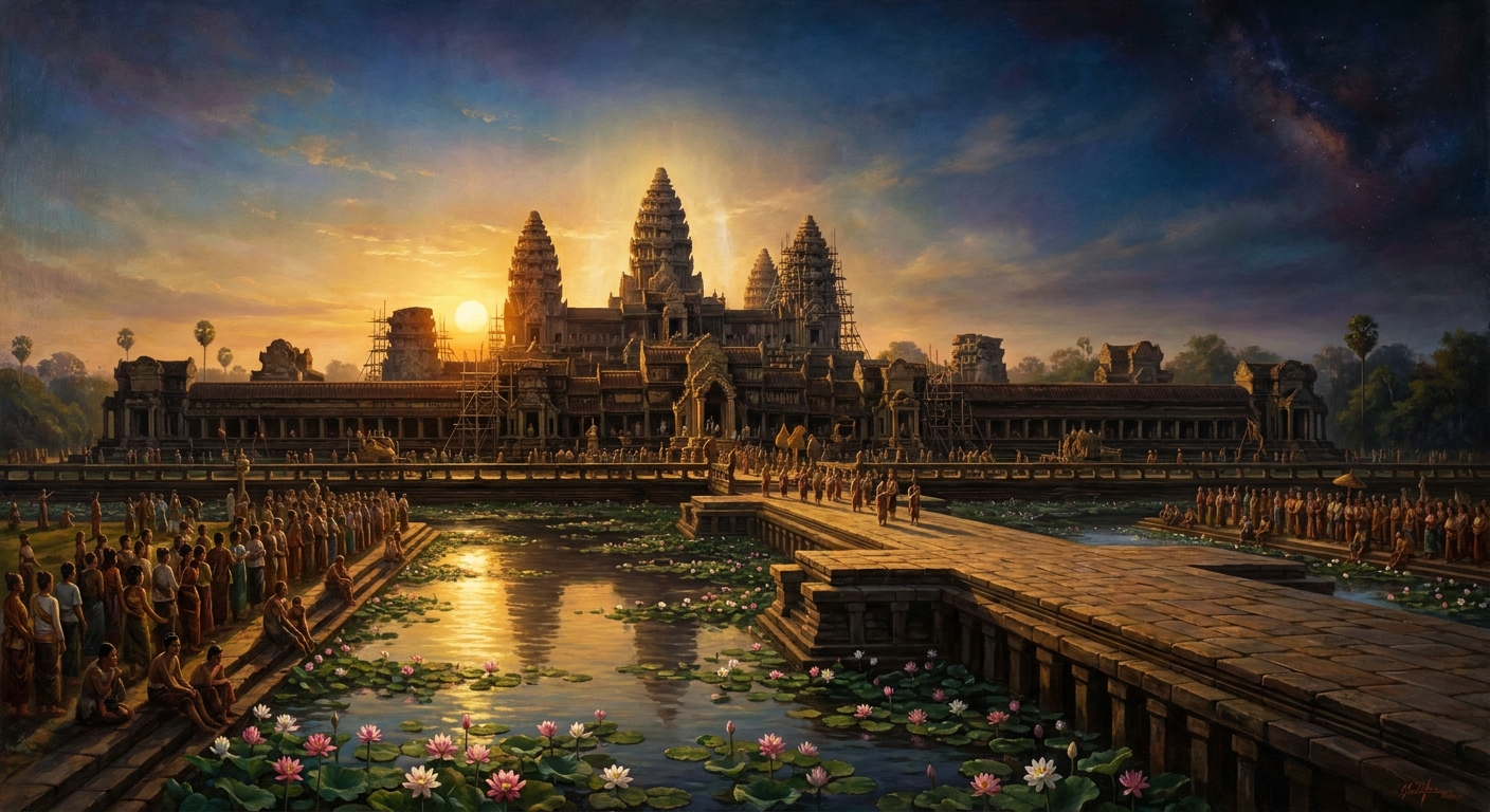 The moat: 200 meters wide, five kilometers around, holding the temple inside its own square ocean. The pilgrim crosses on a sandstone causeway oriented due west — toward sunset, toward Vishnu's heaven, toward the direction of death. No other major Khmer temple is west-facing. Angkor Wat is also Suryavarman's tomb.
