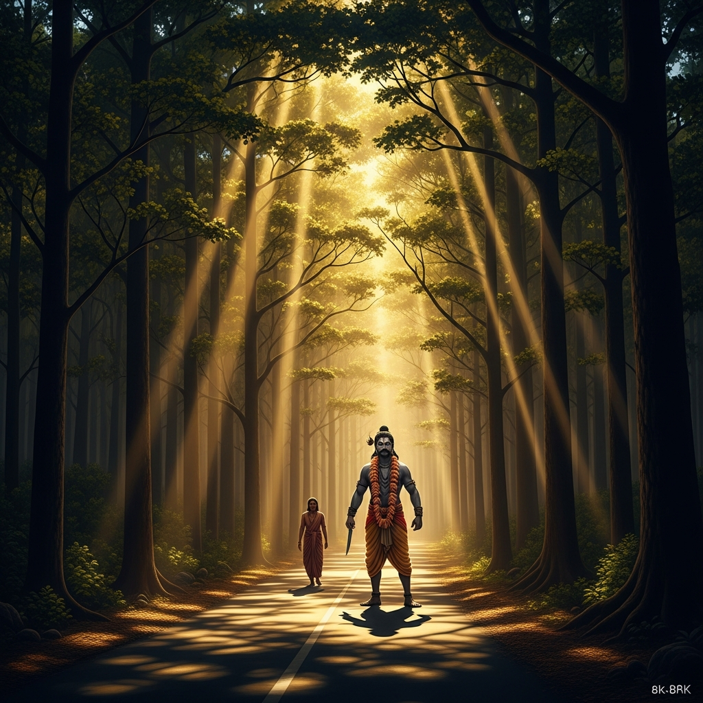 The forest road at midday — sunlight through sal trees making columns of gold and shadow. Angulimala stands in the road ahead, the garland of fingers at his neck, his knife drawn. Behind him a small figure walks steadily forward. The distance between them is not closing.