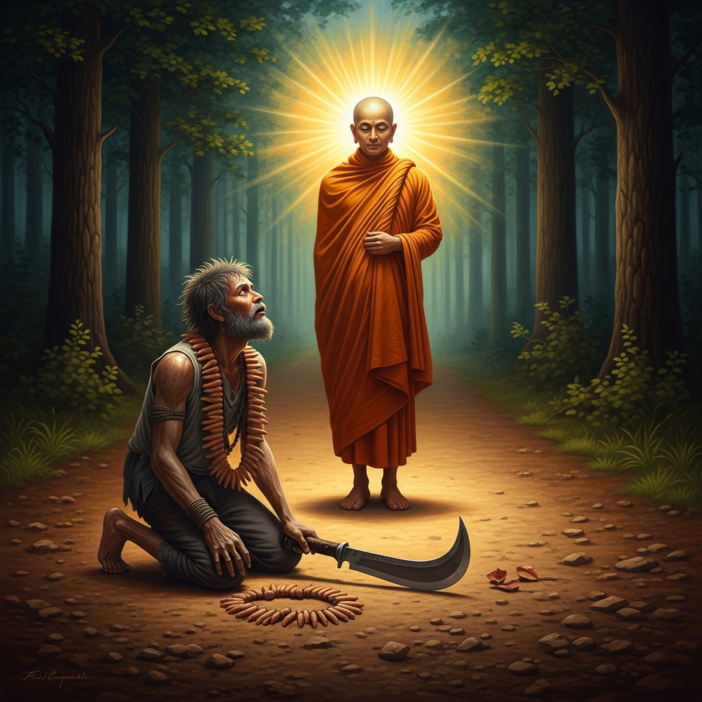 Angulimala on his knees in the road-dust, the garland fallen from his neck, his knife in the dirt beside him. The figure who was walking is now standing still. The forest is quiet.