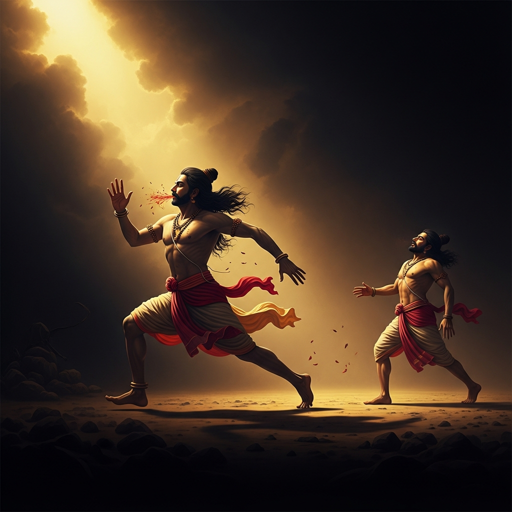 Angulimala at full sprint, his legs blurred with effort, his breath torn out of his chest. The man he is chasing does not run. The gap does not close. This is the moment the universe asks him a question.