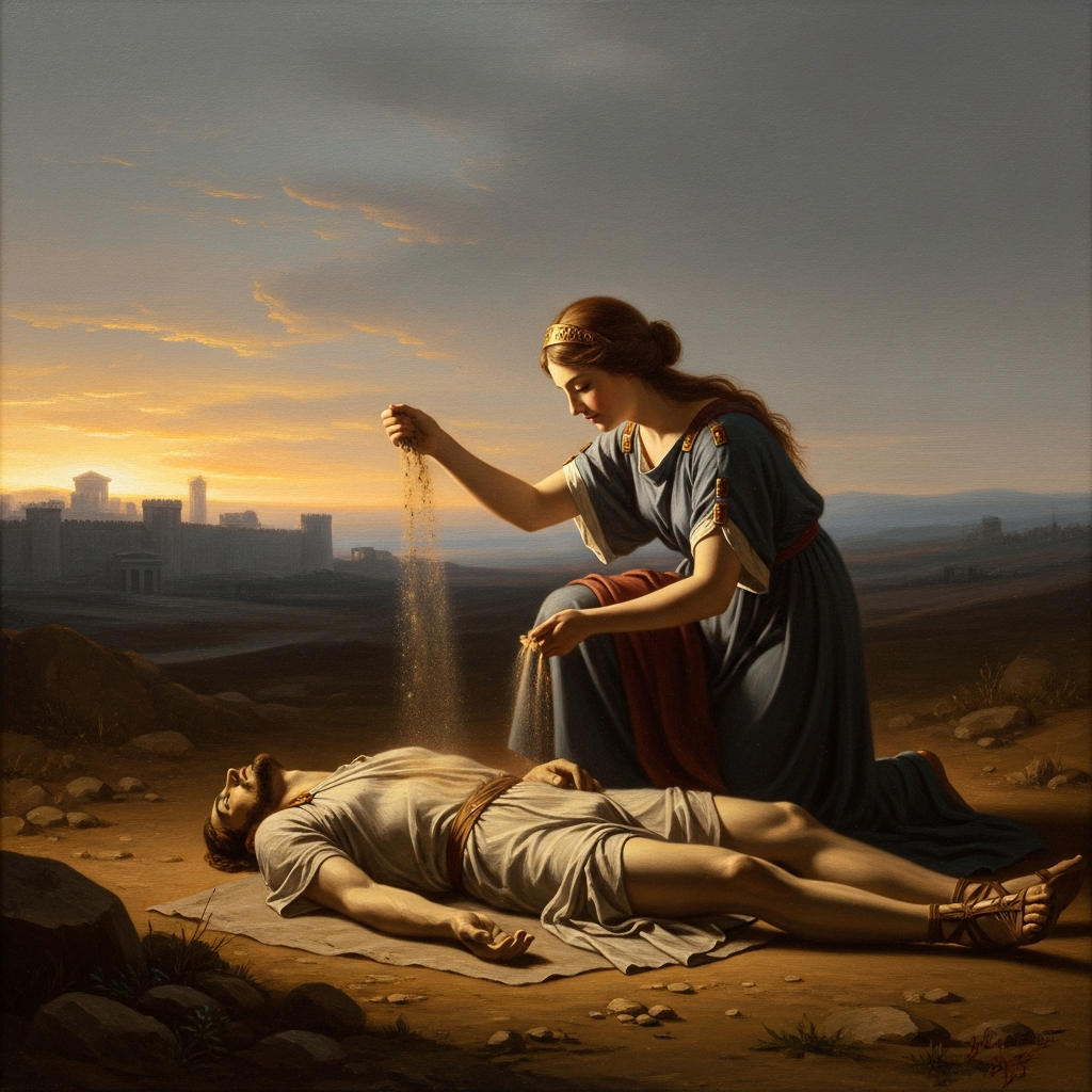 Antigone pours dust over her brother's body at dawn — a handful, a symbol, a death sentence.