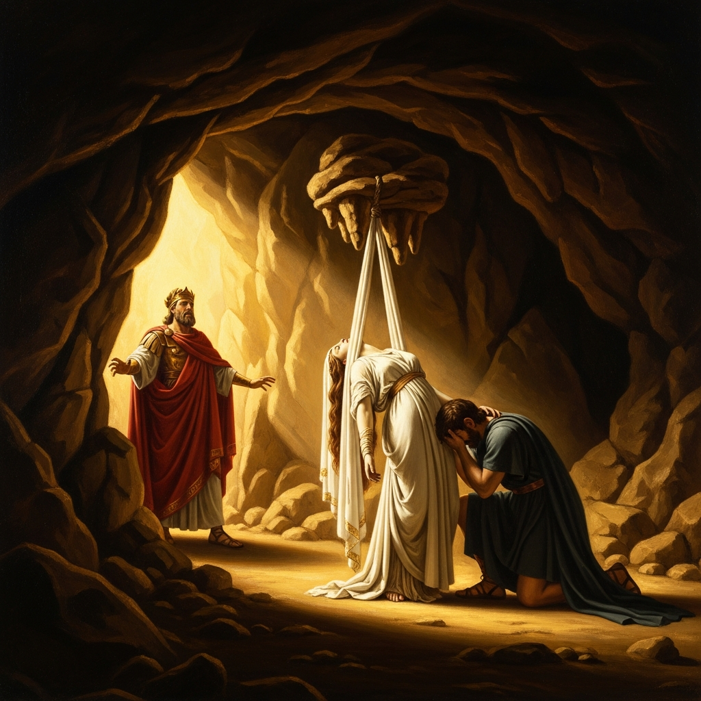 Creon arrives at the cave too late — Antigone hangs from her own veil; Haemon kneels beside her.