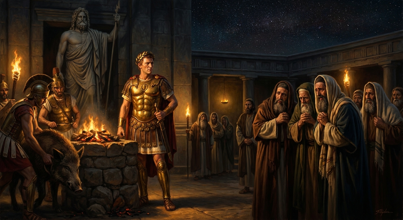 The abomination of desolation: Antiochus IV Epiphanes sacrifices a pig on the altar of the Lord in Jerusalem, 167 BCE. He renames the Temple to Zeus Olympios. He outlaws circumcision, Sabbath observance, and Torah study on pain of death. He believes he is completing the Hellenization of the world. He does not understand what he has started.