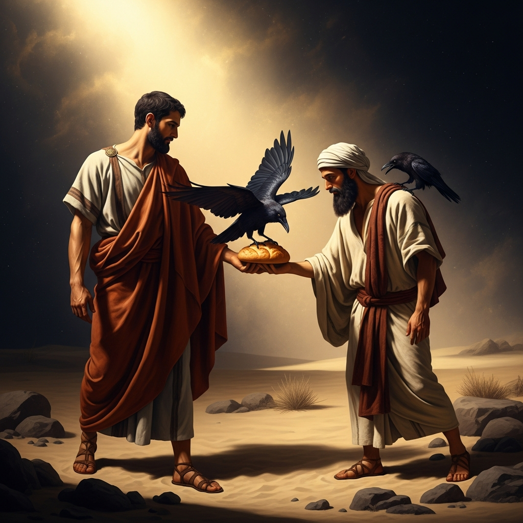 Late in his life, Antony walks deeper into the desert and finds Paul of Thebes, who has been alone for ninety years and is fed by a raven that brings him half a loaf each day. The raven brings a whole loaf the day Antony arrives. They share it. Paul dies the next morning.