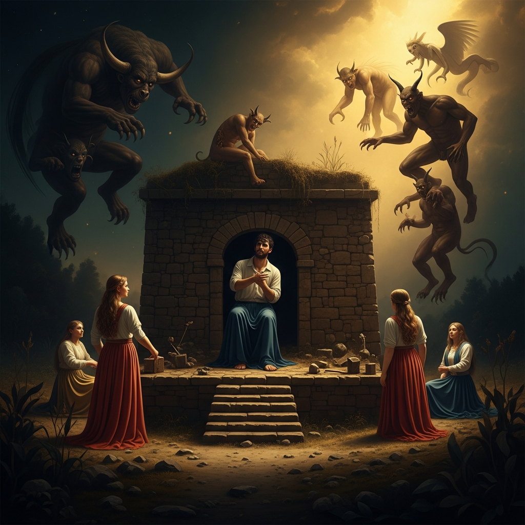 In the abandoned fort, the demons come. They take the shape of beasts. They take the shape of beautiful women. They take the shape of his own thoughts arguing with him. For twenty years he refuses to leave. The fort, when others find it, is full of his prayers.