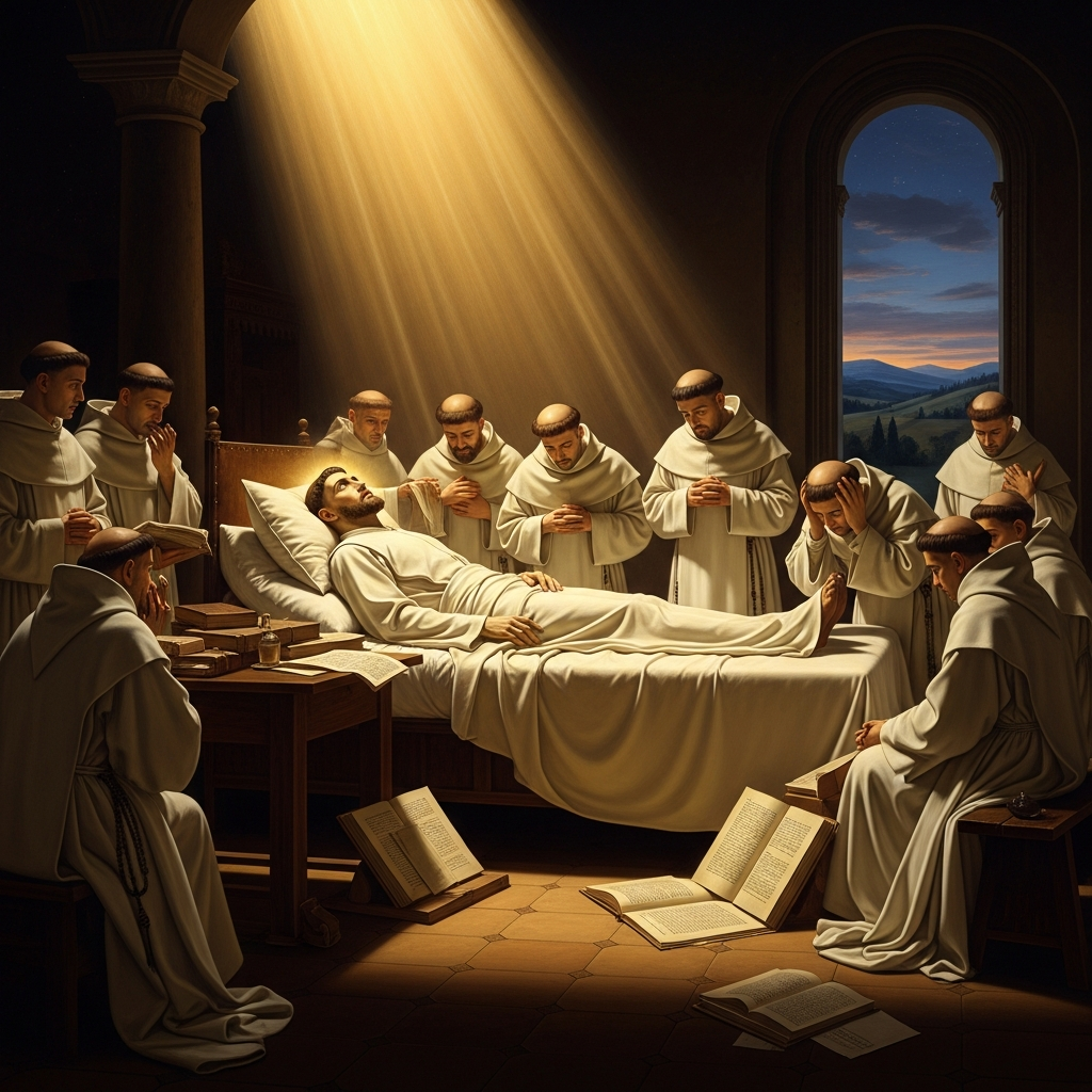 March 7, 1274. The infirmary at the Cistercian abbey of Fossanova. Aquinas, fifty years old, dies on the road to the Council of Lyon. His last commentary, dictated in his last weeks, is on the *Song of Songs*.
