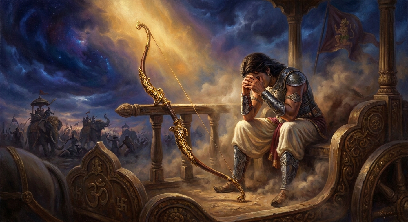 Gandiva — the bow Indra gave him, the bow that has never failed — slips from Arjuna's hand and rests against the chariot rail. His knees give. He sits down in the dust of his own war.