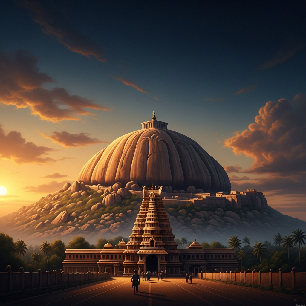 The hill of Arunachala at sunrise, its granite dome rising above the Tamil plain in a silence that is not empty but full. The temple gopuram at its base points upward like a finger indicating the obvious. The hill is the same color as old blood and older fire.
