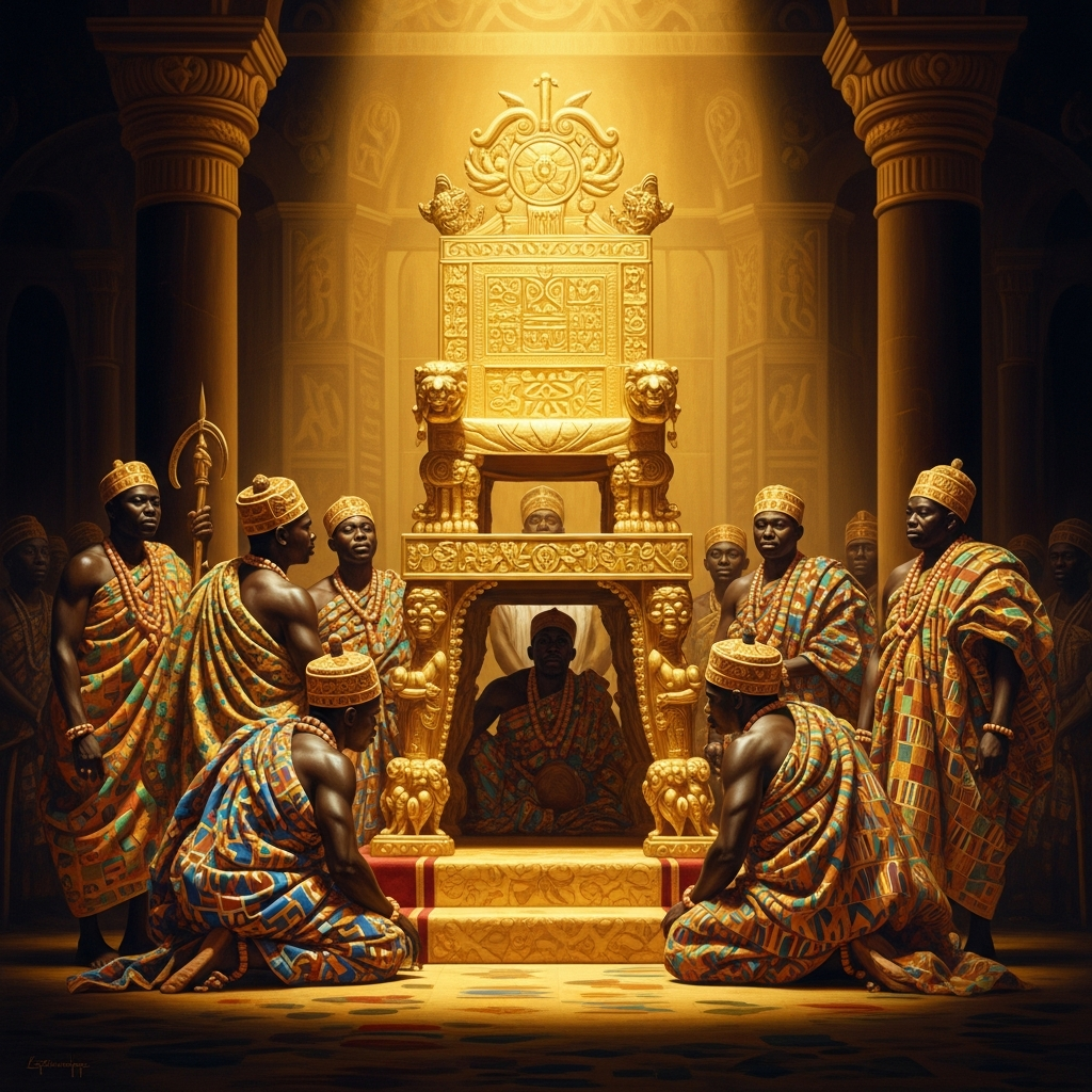 The Golden Stool is borne on its own special palanquin, never permitted to touch the earth, its own sandals carried beside it — the soul of a people who refuse to set themselves down.