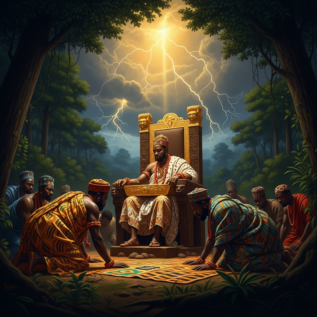 The stool comes to rest on Osei Tutu's knees. The thunder is still rolling across the courtyard. The chiefs of the Akan states have not yet remembered how to breathe.