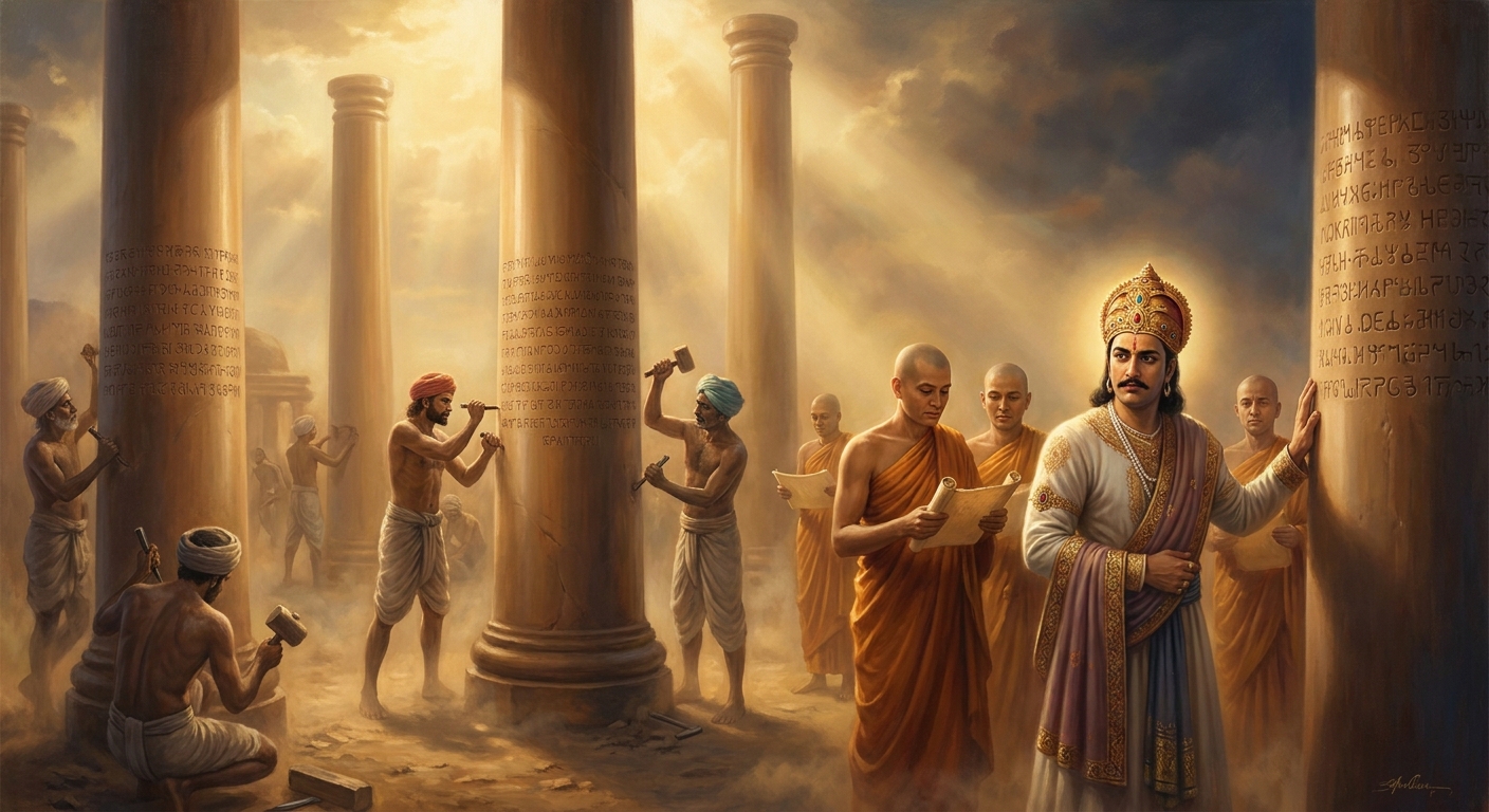Stonemasons carve the rock edicts by torchlight across 36 known major and minor sites — from Kandahar in the northwest to Mysore in the south. Written in Brahmi, Kharoshthi, Aramaic, and Greek, they are the first large-scale government communication in Indian history, and they begin with an apology.