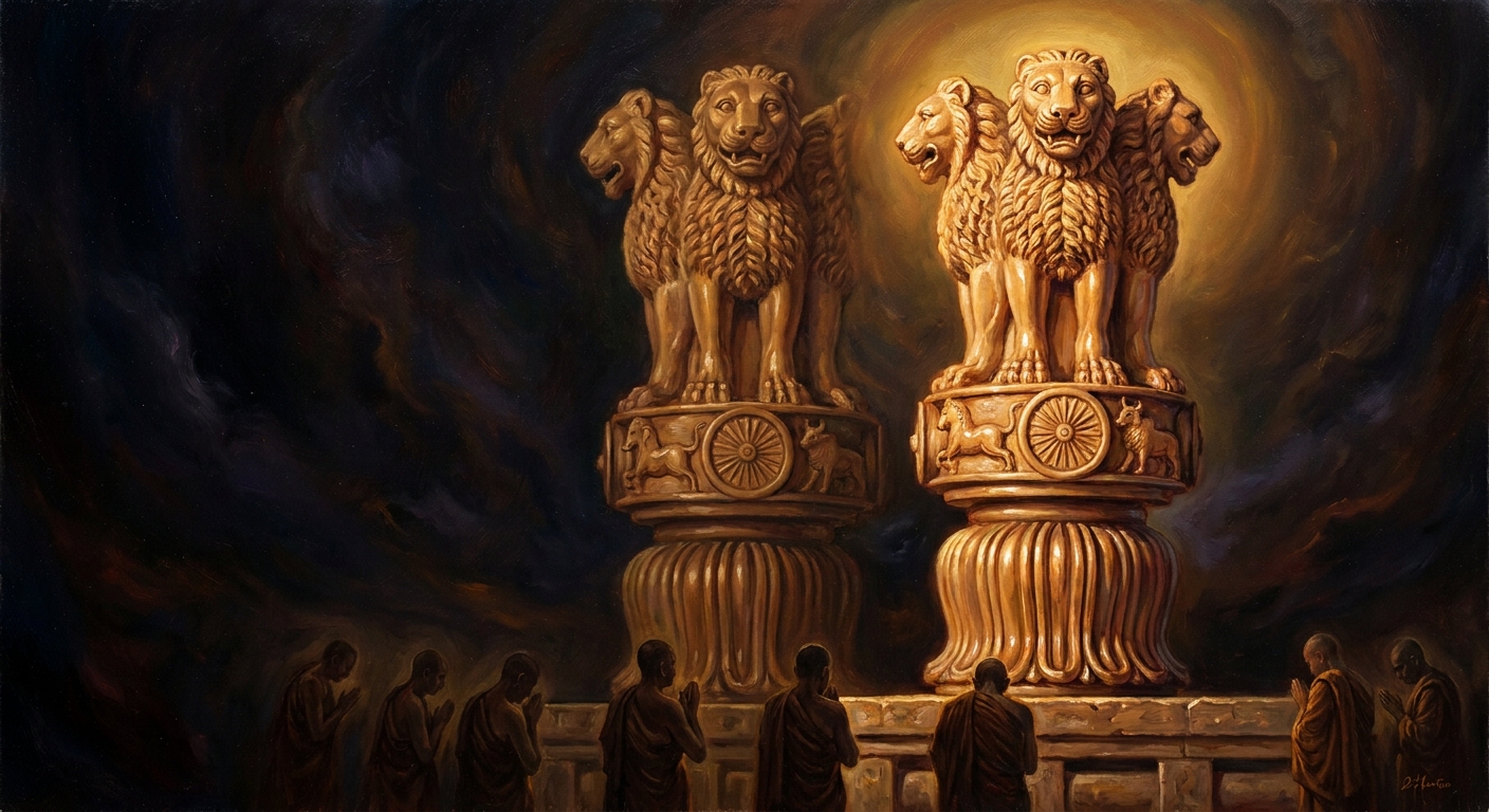 The Lion Capital of Sarnath, erected at the site of the Buddha's first sermon. Four lions back to back, standing on a wheel of dharma, ringed by animals in motion. Ashoka placed it where the teaching began. The Government of India placed it on every passport, every coin, every official document. It has not stopped watching since.