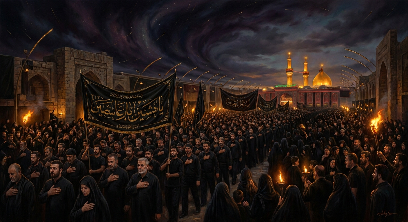 Ashura processions today — from Tehran to Karbala to Mumbai to Lagos — a hundred million people in the streets, chanting: Every day is Ashura. Every place is Karbala.