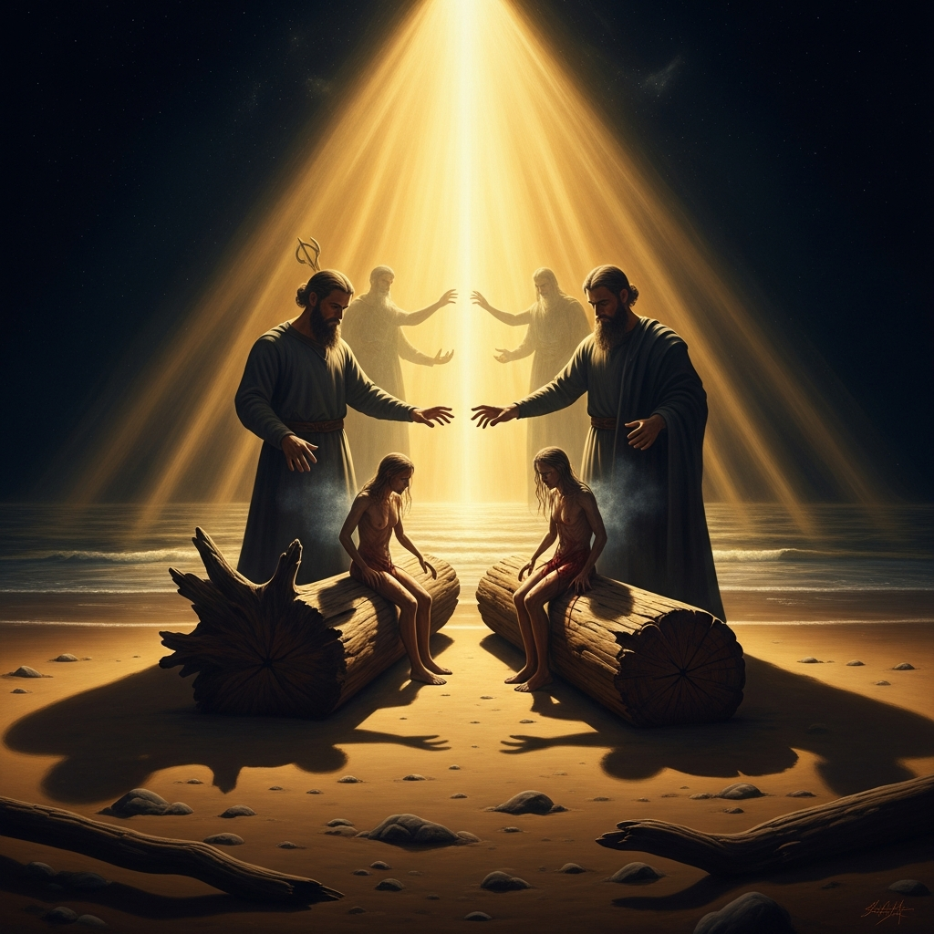 On a beach at the edge of Midgard the brothers find two logs of driftwood: an ash and an elm. They give them breath, blood, and consciousness. Their names are Askr and Embla. They are the first humans.