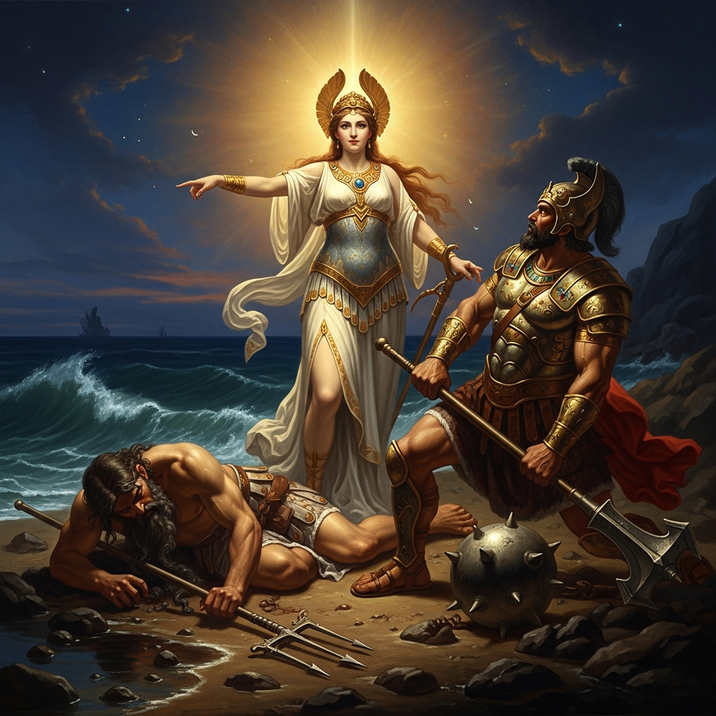 Astarte, Lady of the Stars, stands between Baal and the fallen Yam on the shore, one hand raised — she is not pleading, she is instructing: this is far enough.