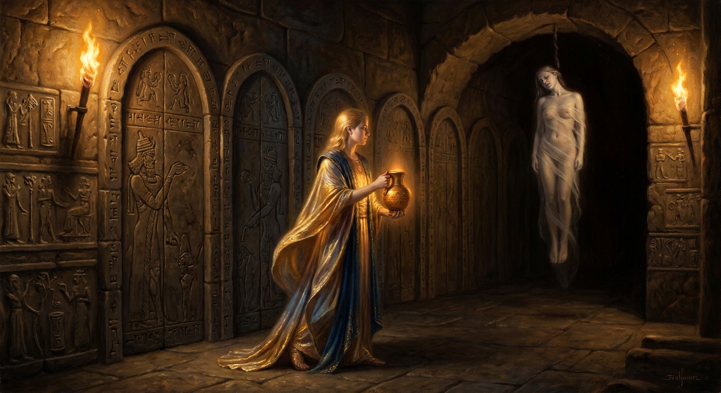 Asushunamir, the creature fashioned by Ea from clay and wind, carries the water of life down through the seven gates.