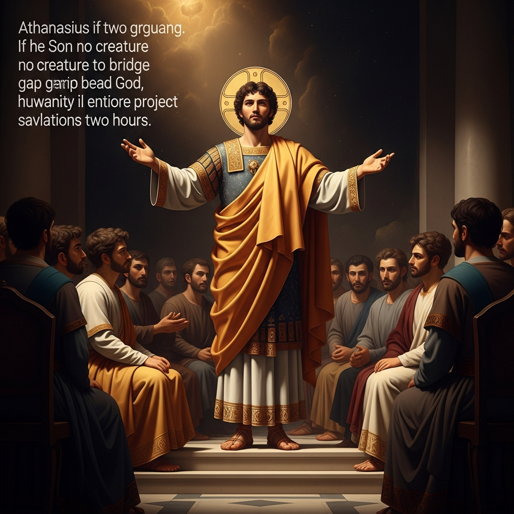 Athanasius, deacon of Alexandria, not yet thirty, makes the counter-argument. If the Son is a creature, no creature can bridge the gap between God and humanity, and the whole project of salvation collapses. The young man speaks for two hours and the bishops are listening.