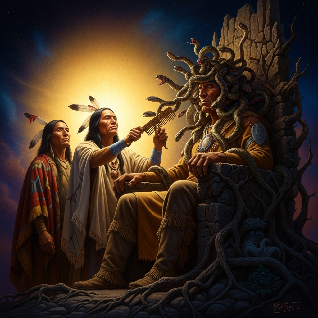 Deganawida and Hiawatha stand before Atotarho, whose hair writhes with living serpents. The Peacemaker draws the comb of peace through the terrible tangle and the snakes fall still.