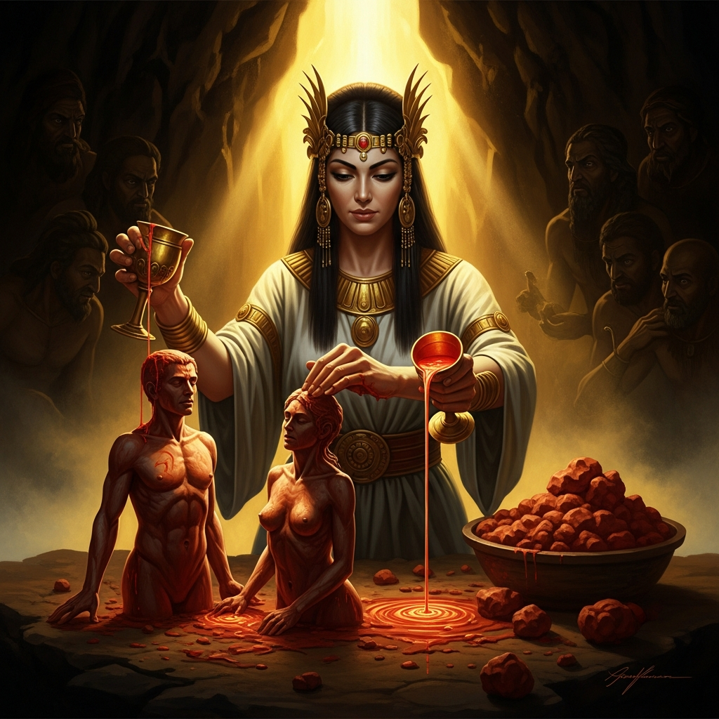 Ninhursag molds the first humans from clay and divine blood — labor-substitutes for the gods who refused to dig.