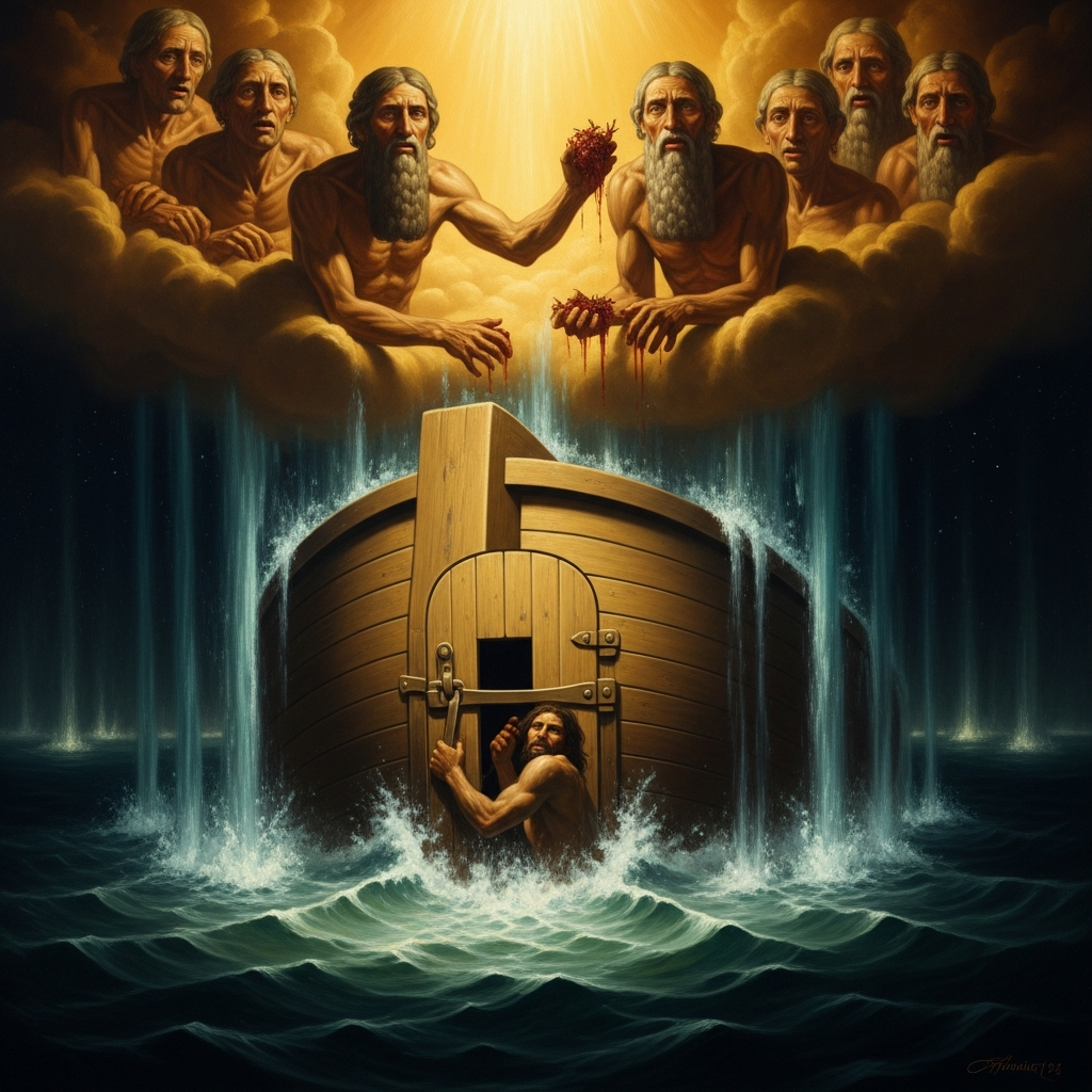The flood descends on the seventh day. Atrahasis seals the hatch. The gods above go hungry.