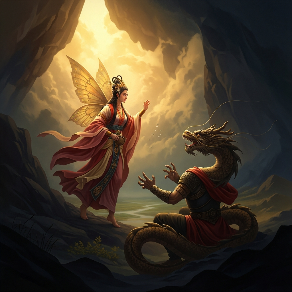 Âu Cơ descends from the northern highlands — a fairy of the immortal mountain lineages, daughter of the god Đế Lai, her nature bound to altitude and forest and the cold air above the treeline. When she meets the Dragon Lord in the lowland plains between their two domains, neither is in their proper element. That is precisely why they find each other.