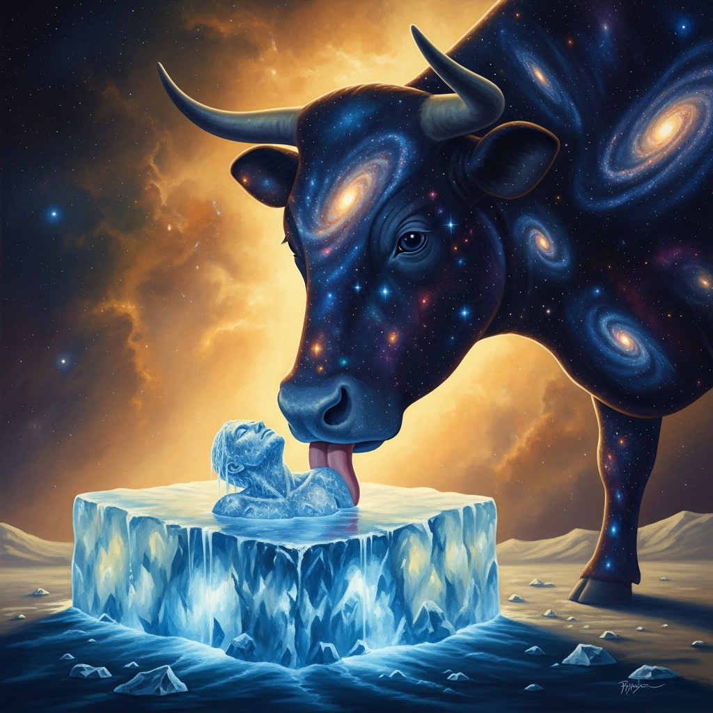 The cosmic cow Auðumbla licks salt from a block of ice. On the third day a man's hair appears. On the second day his face. On the first day Búri, first of the gods, steps free of the stone.
