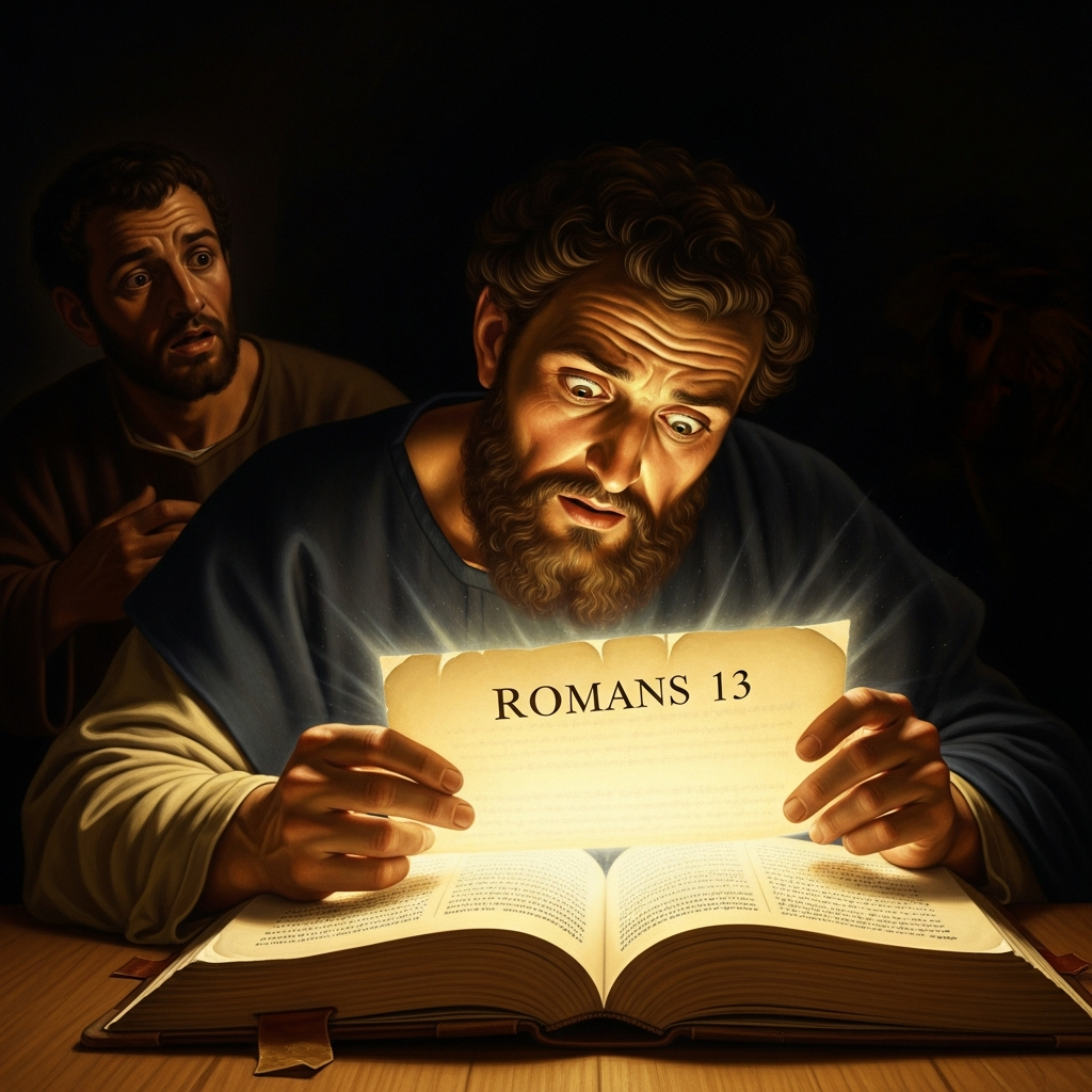 The codex opened at random — Romans 13:13-14 — and the instant the will breaks.