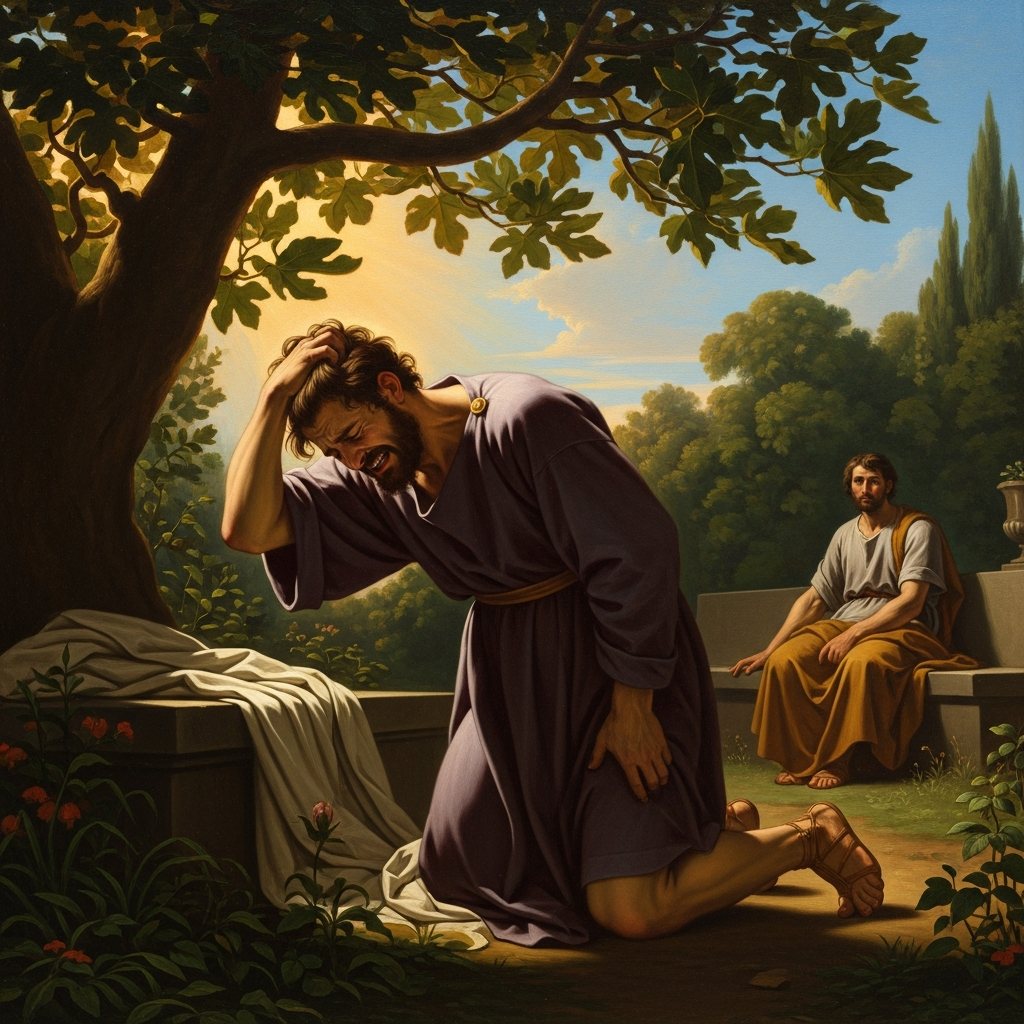 The agony in the garden — Augustine tearing his hair, weeping, splitting himself in two against his own will.