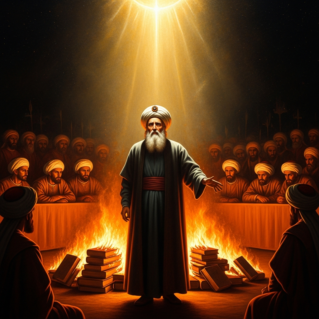 The elderly Averroes stands before the Almohad council in Córdoba as his books are condemned and burned — the rationalist whose influence will outlast the empire that burned him by eight centuries.