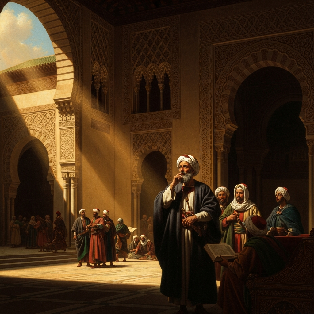 In the plaza before the Almohad court, Ibn Rushd's philosophical manuscripts are committed to fire — the Arabic originals of the texts that will remake European thought, destroyed to satisfy a political moment.