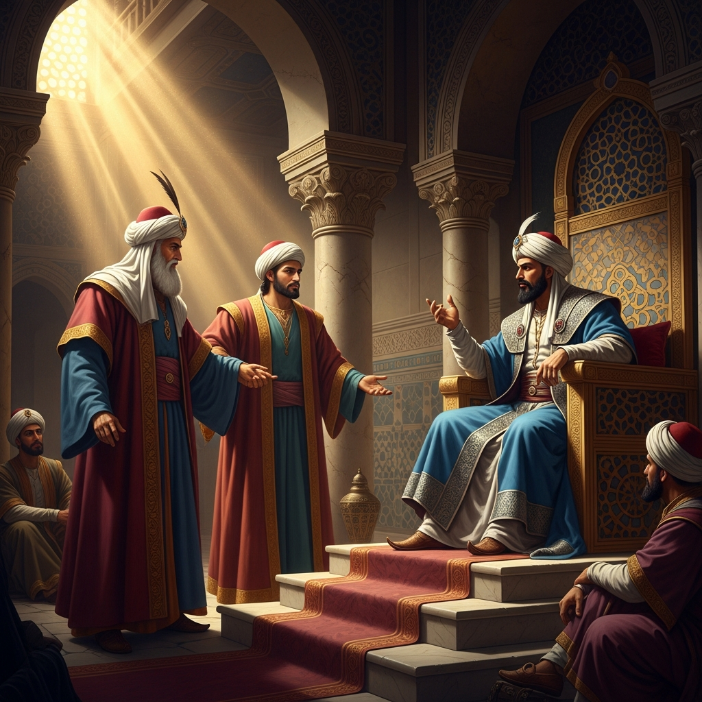 Ibn Tufayl brings his younger colleague into the presence of Caliph Abu Yaqub, who complains that existing translations of Aristotle are too obscure — and commissions Ibn Rushd to write something a rational man can understand.