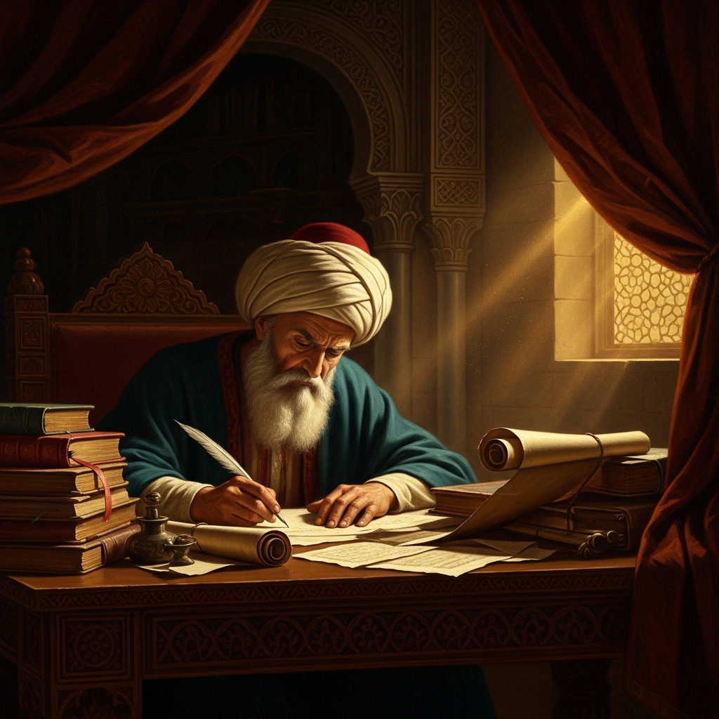 Under house arrest in Lucena at seventy-one, Ibn Rushd continues his commentaries — he has been writing for fifty years and does not stop because the audience has been narrowed by decree.