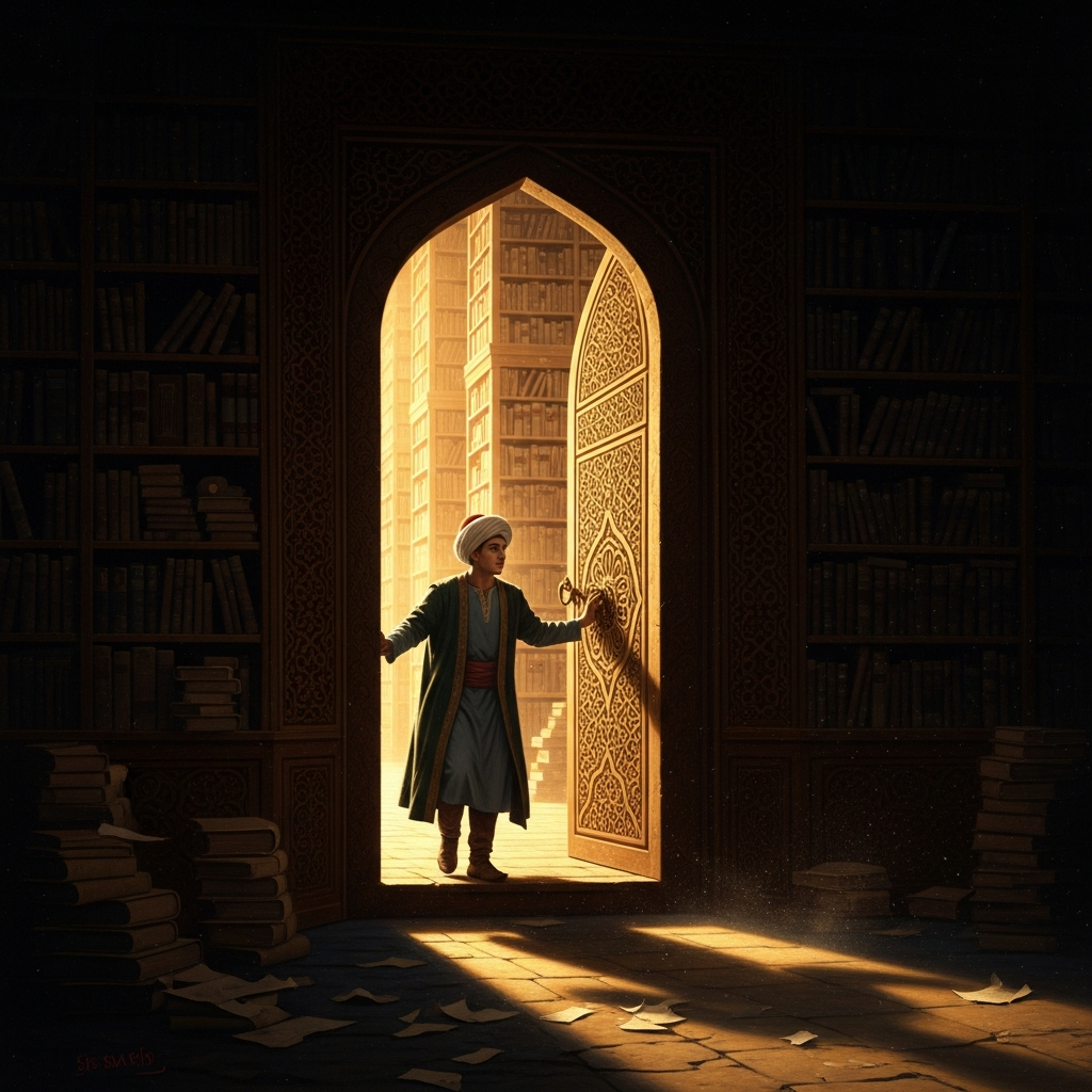 The sixteen-year-old physician enters the restricted stacks of the Samanid royal library in Bukhara, granted access because he cured the caliph — and reads everything, room by room, in a single winter.