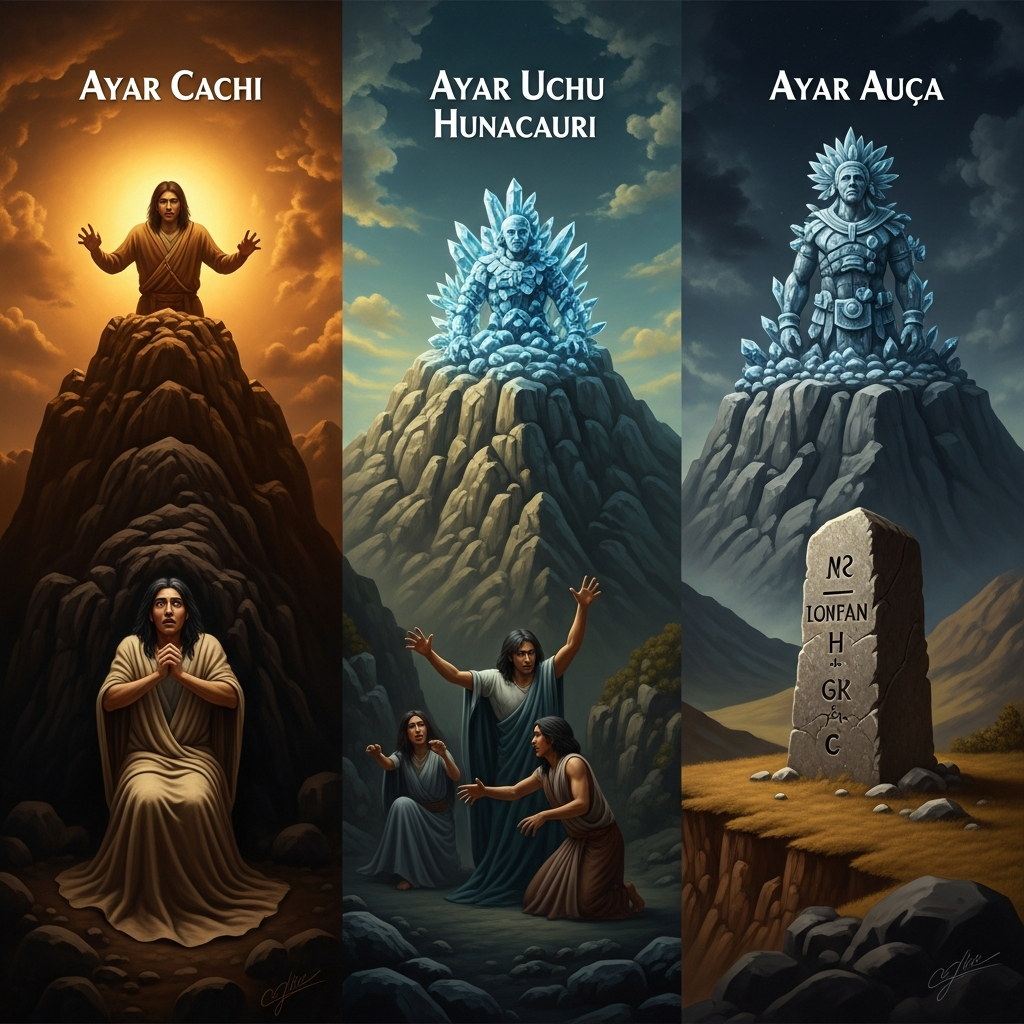 One by one the Ayar brothers are transfigured: Ayar Cachi sealed into the mountain by his siblings' fear, Ayar Uchu crystallizing to stone on the heights above Huanacauri, Ayar Auca turning to a stone marker at the valley's edge.