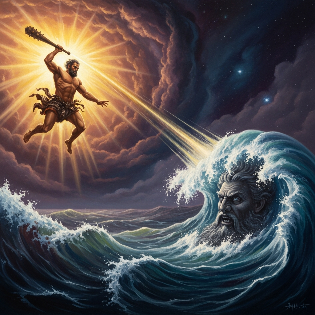 Baal hurls the named club Aymur at Yam's forehead — the sea-god's body sprawling across the shore, the waves retreating, the storm crown already blazing above the victor.