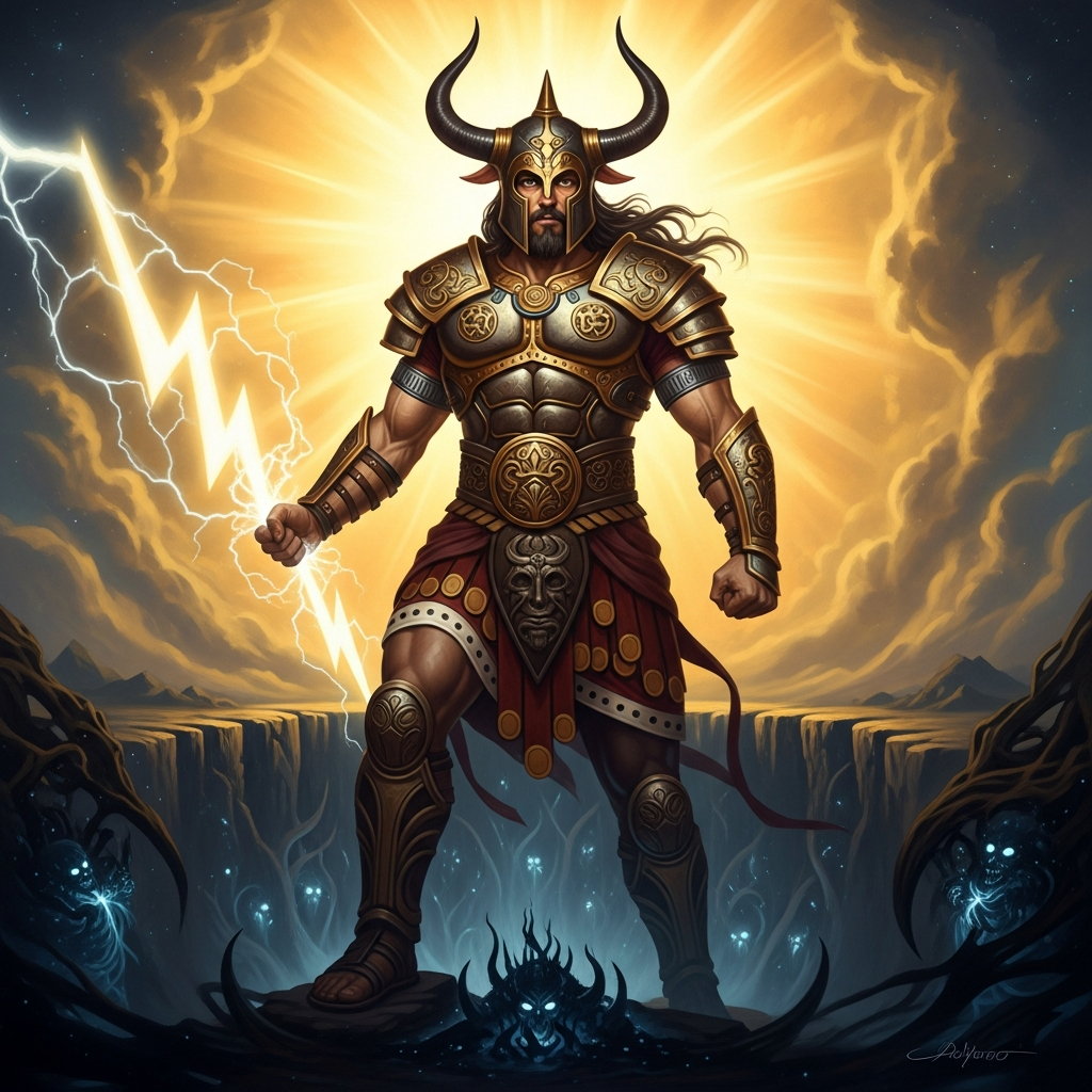 Baal at the threshold of Mot's underworld city, clouds and lightning bundled in his arms like a harvest he is carrying into the dark — the storm-apparatus going below with its lord.
