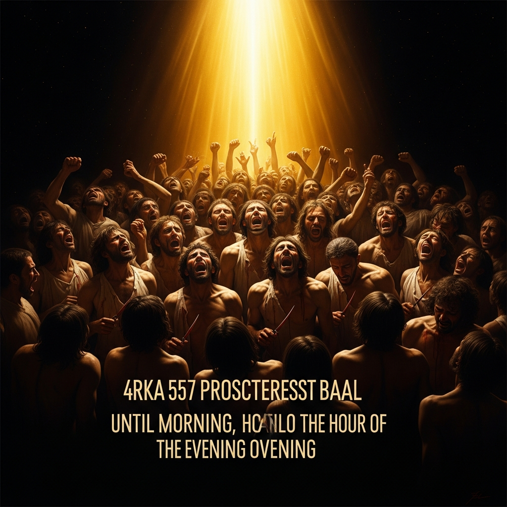 Four hundred and fifty prophets of Baal cry and cut themselves from morning until the hour of the evening offering. No voice. No fire. No one answers.