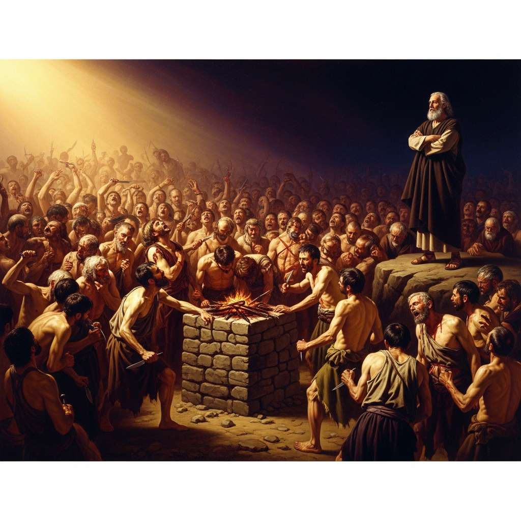 Four hundred and fifty prophets of Baal cry and dance and cut themselves from morning until noon, and Elijah stands apart watching, and no fire comes and no voice comes and nothing at all answers.