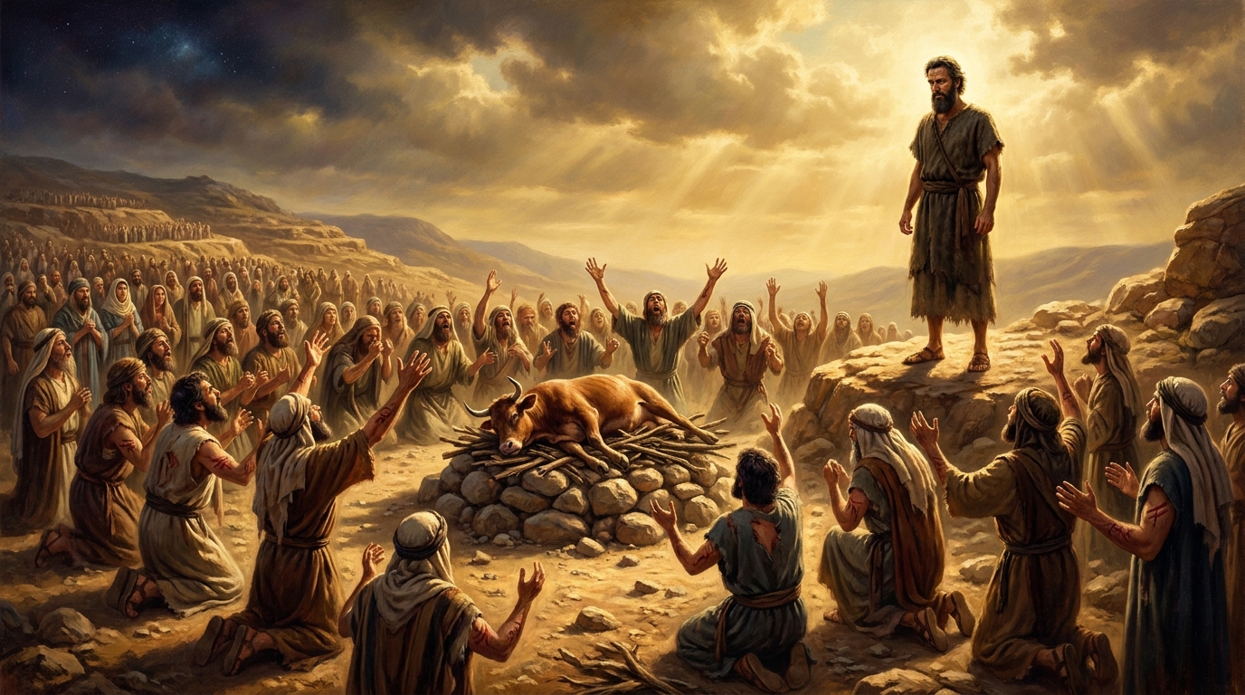 The four hundred and fifty prophets of Baal cry and cut themselves from morning until the hour of the evening offering. No voice. No fire. No one answers.