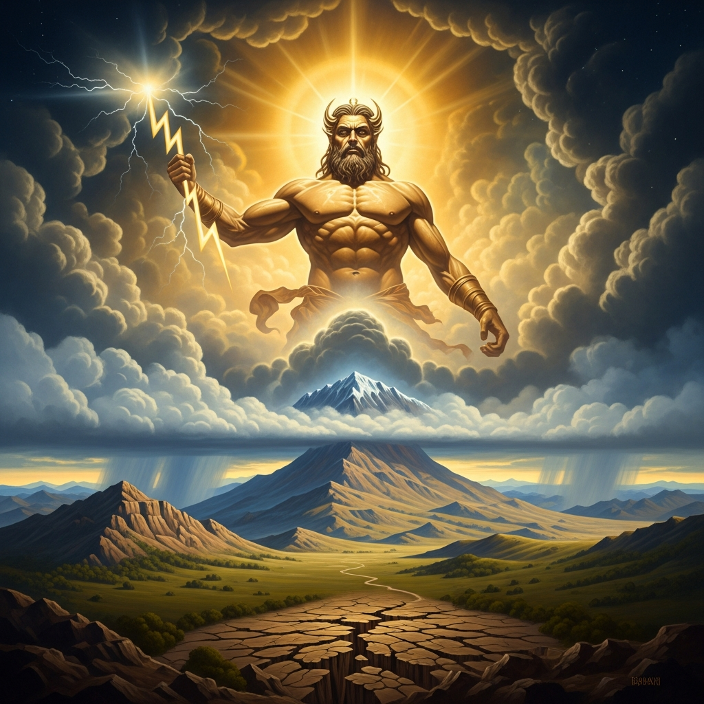 Baal rises above Mount Zaphon as the first clouds gather over the hills of Canaan — the rain breaking after seven years of closed sky, the earth below opening its mouth to receive what it is owed.