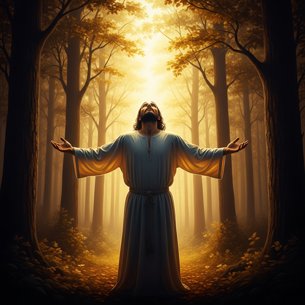 Israel ben Eliezer alone in the Carpathian forest, arms outstretched, face upturned, in the posture of ecstatic prayer. The trees around him are luminous, each leaf distinct, as if the light is coming from inside rather than from above.