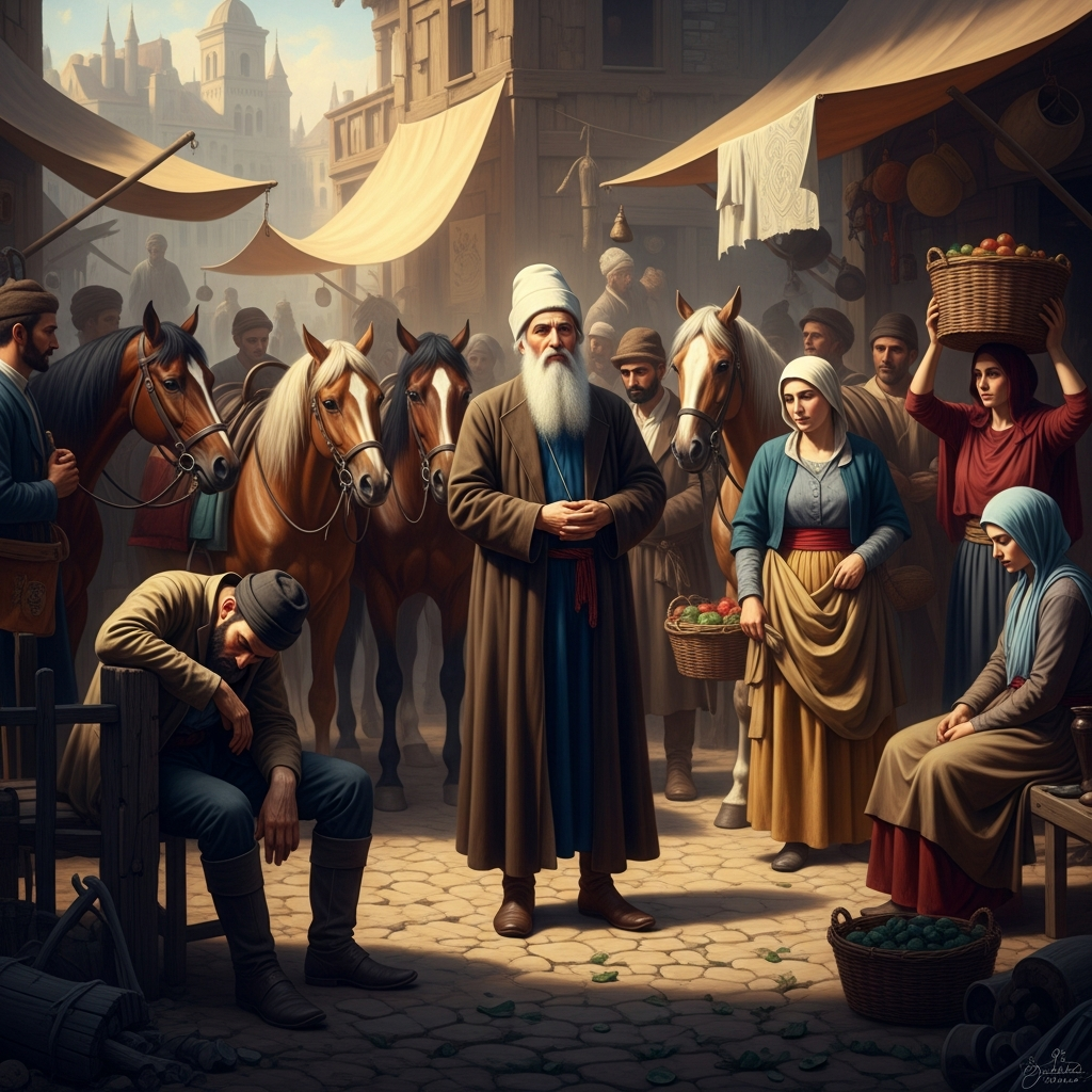 The Baal Shem Tov in a Podolian market, surrounded by horses, merchants, women with baskets, a drunk asleep against a fence post. He is entirely still in the middle of the motion, watching something no one else can see.