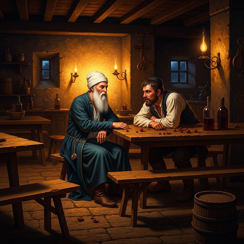 Interior of a Ukrainian tavern, lamplight on rough wooden tables. The Baal Shem Tov is seated across from a man who is clearly intoxicated, leaning forward as if in close conversation. The man's face, despite everything, is beginning to change.