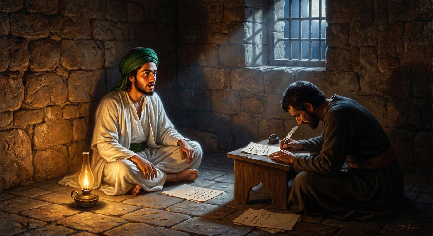 Morning of July 9, 1850. In a cell in the citadel, the Báb dictates final instructions to his secretary Mírzá Aḥmad. He says he will not be interrupted until he has finished.