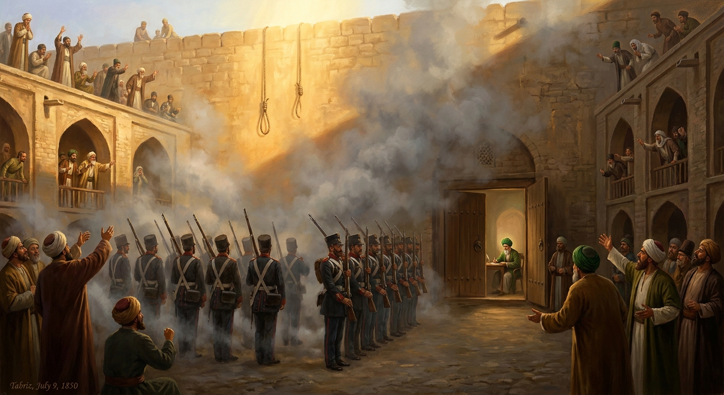 Noon, the parade-square. The first regiment of seven hundred and fifty Christian Armenian soldiers under Sám Khán fires. The smoke is thick. When it clears, the ropes are severed. The Báb is not on the wall.