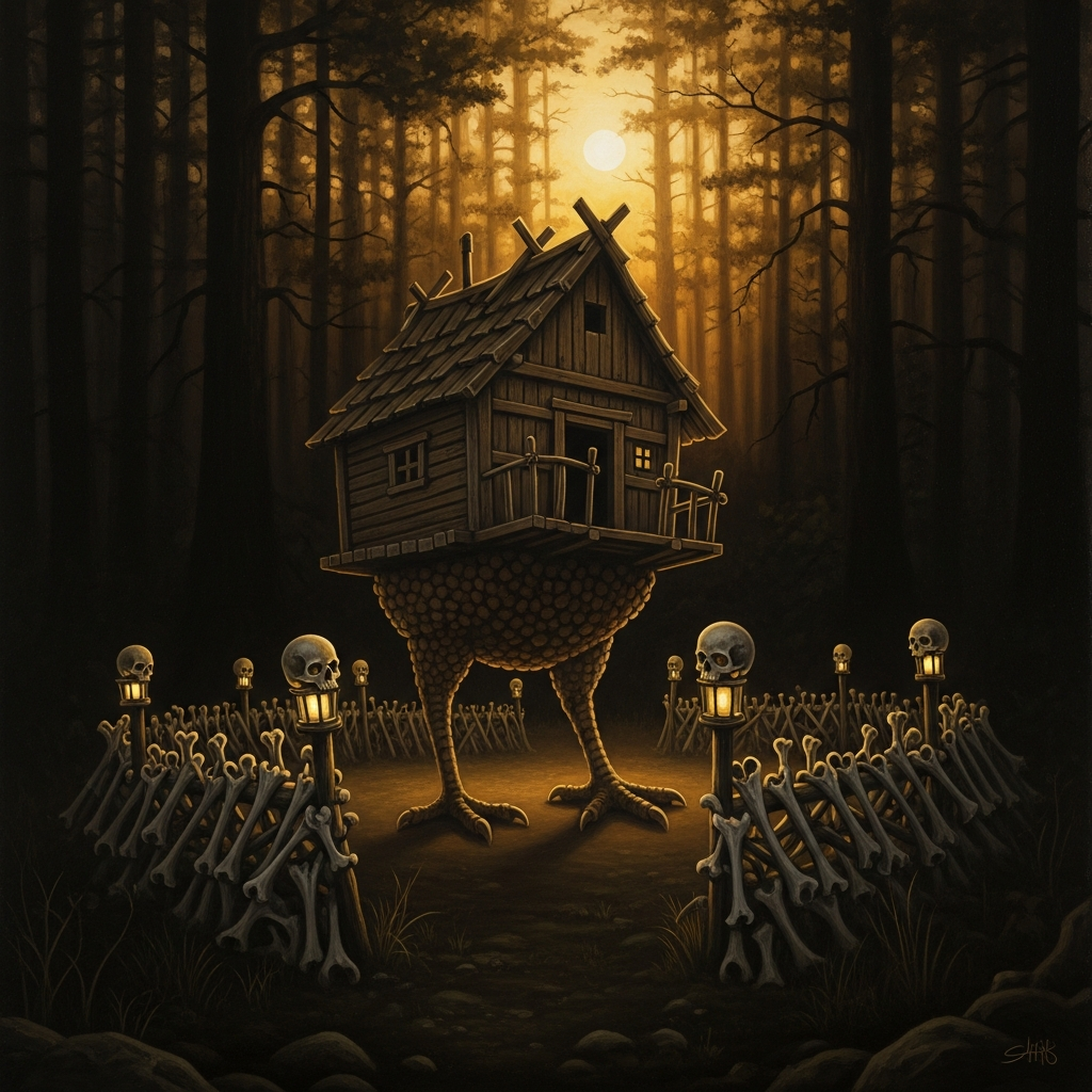 The hut on chicken legs at the forest's edge — spinning slowly, bone fence gleaming, skull lanterns fixed at every post, the last light of the living world fading behind the trees